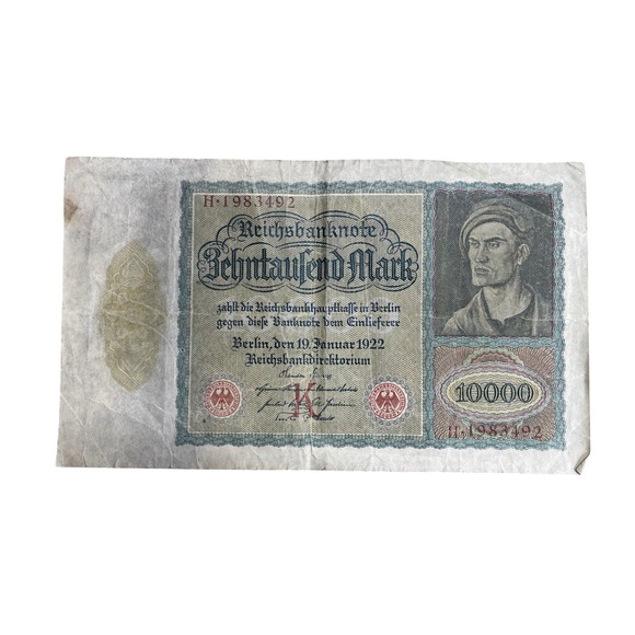 Reichsbank Other - 1922 German Reichsbanknote 10000 Zehntausend Mark Hyperinflation Currency Note